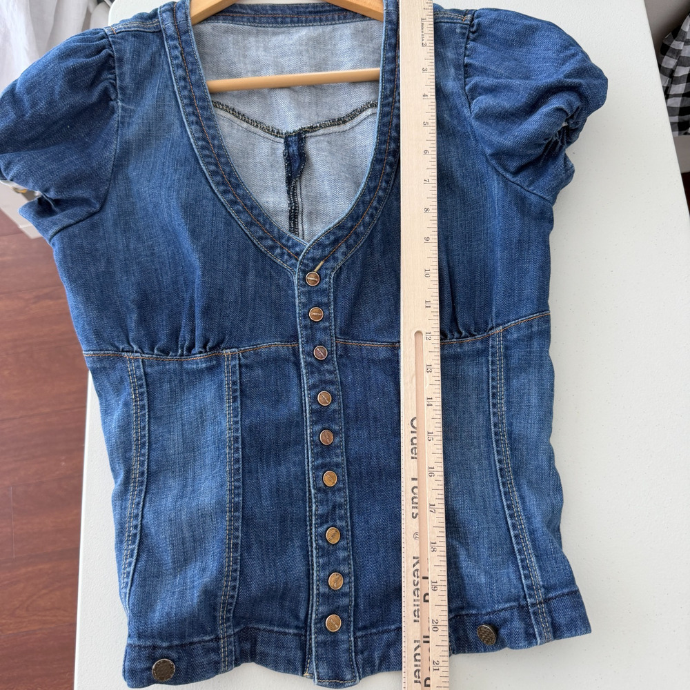 Bebe Y2K Denim Top Small Puff Sleeve Babydoll Cotton Corset Style Cottage Wester - Picture 7 of 9